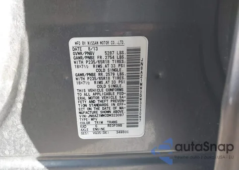 2013 Nissan Murano Sl z USA, uszkodzony, nr VIN JN8AZ1MW2DW323097